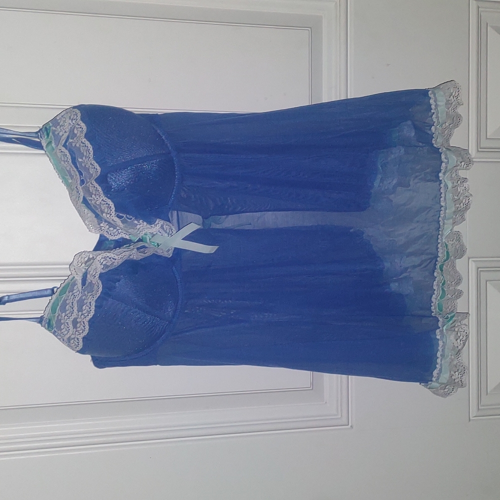 2-Tone Blue Sheer Ruffle Lace Babydoll-Large